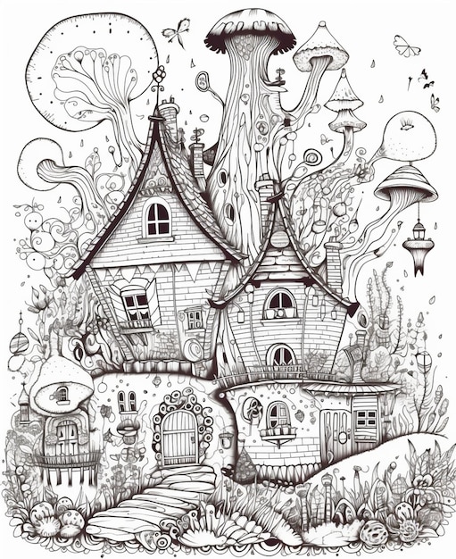 Een zwart-wit tekening van een huis met op de top een paddenstoelenhuis.