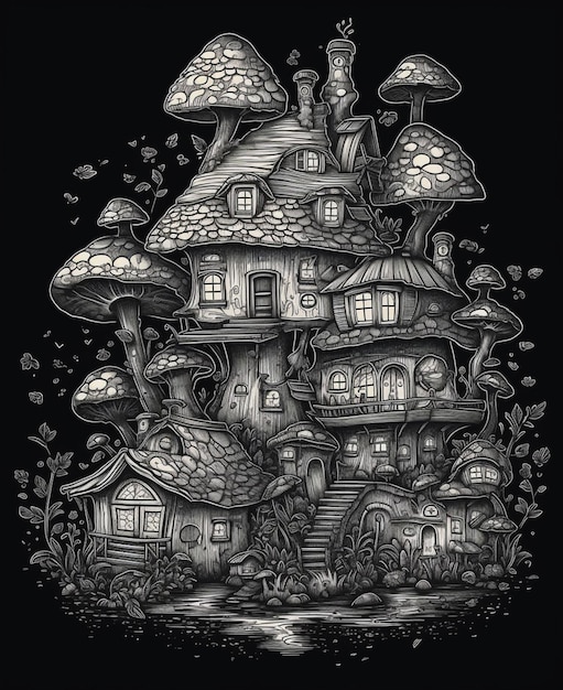 een zwart-wit tekening van een huis met paddenstoelen erop generatieve ai