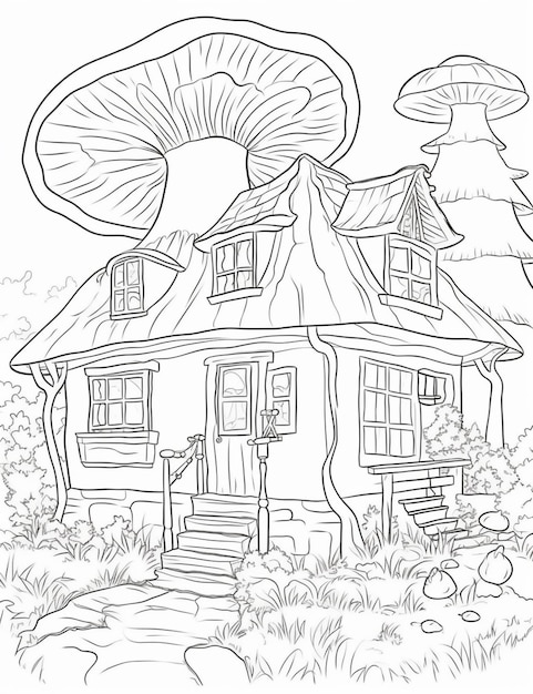 Een zwart-wit tekening van een huis met paddenstoelen op het dak generatieve ai