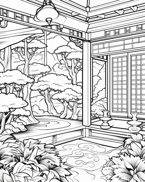 Een zwart-wit tekening van een Japanse tuin met een vijver generatieve ai