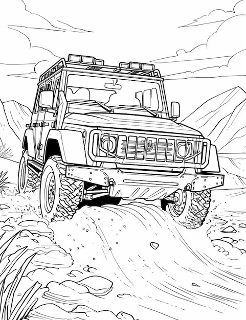 een zwart-wit tekening van een jeep die door de woestijn rijdt generatieve ai