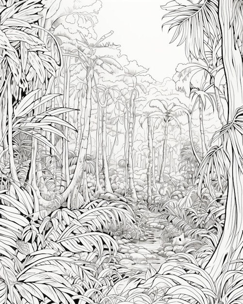 Foto een zwart-wit tekening van een jungle met bomen en planten generatieve ai