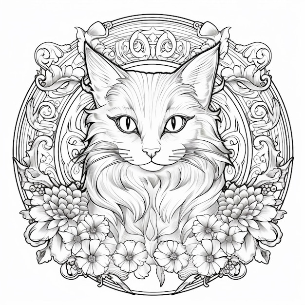 Foto een zwart-wit tekening van een kat met bloemen eromheen generatieve ai