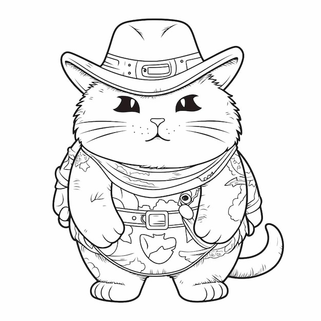 Een zwart-wit tekening van een kat met een generatieve ai cowboyhoed