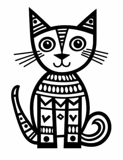 een zwart-wit tekening van een kat met een trui op generatieve ai