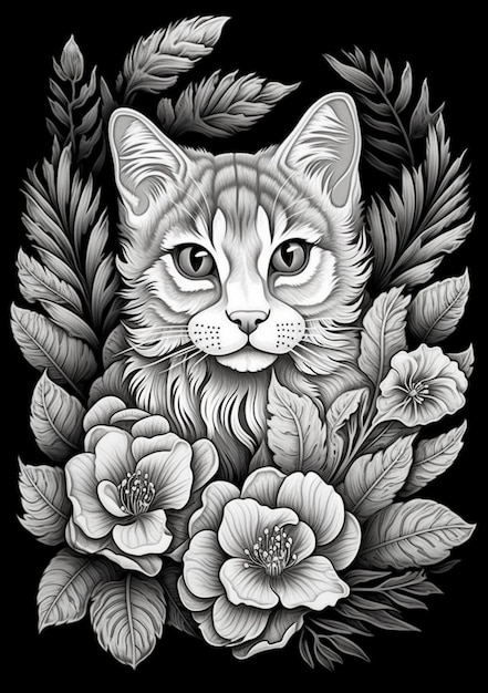 een zwart-wit tekening van een kat omringd door bloemen generatieve ai
