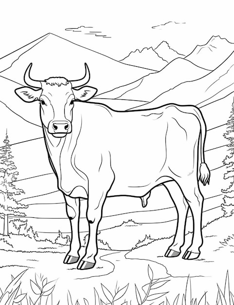 een zwart-wit tekening van een koe in een veld generatieve ai