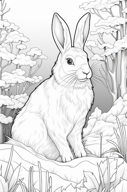 een zwart-wit tekening van een konijn dat in het bos zit generatieve ai