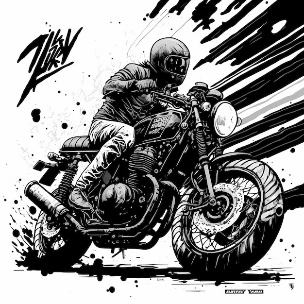 Een zwart-wit tekening van een man op een motorfiets.