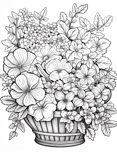 een zwart-wit tekening van een mand met bloemen generatieve ai