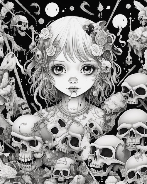 Een zwart-wit tekening van een meisje omringd door schedels generatieve ai