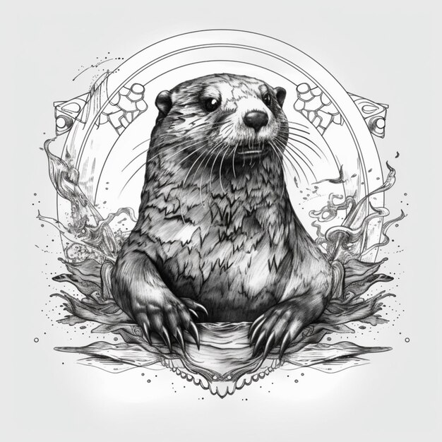 een zwart-wit tekening van een otter met een cirkelvormig frame generatieve ai