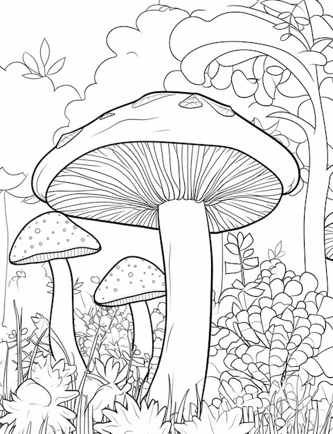 Foto een zwart-wit tekening van een paddenstoel in het bos generatieve ai