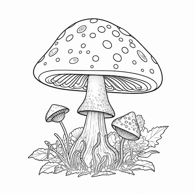een zwart-wit tekening van een paddenstoel met bladeren en paddenstoelen generatieve ai