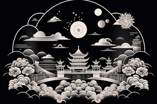 een zwart-wit tekening van een pagode met een maan en wolken