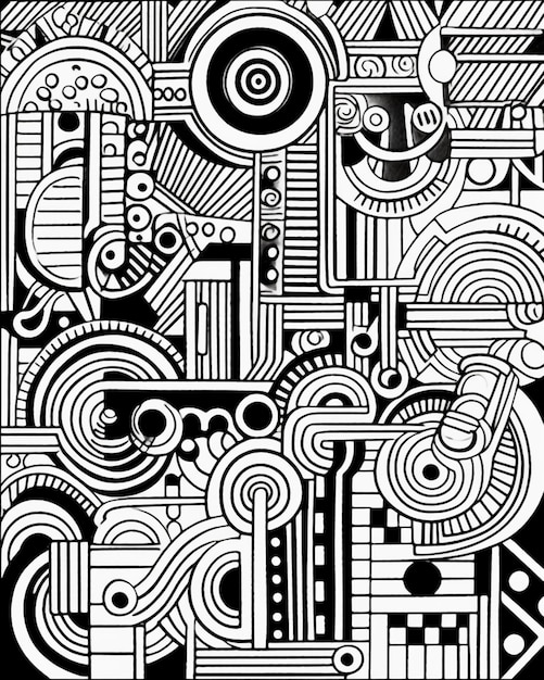 een zwart-wit tekening van een patroon met veel verschillende vormen generatieve ai