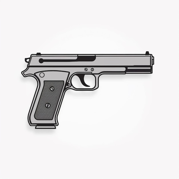 Een zwart-wit tekening van een pistool met het woord pistool erop.