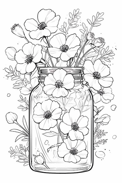 Een zwart-wit tekening van een pot gevuld met bloemen generatieve ai