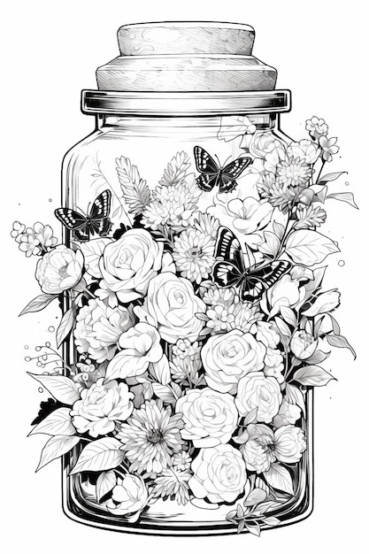 Een zwart-wit tekening van een pot gevuld met bloemen generatieve ai