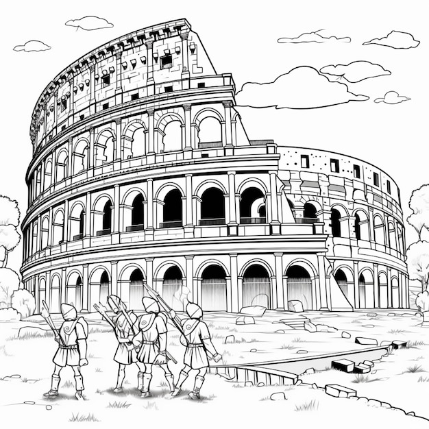 een zwart-wit tekening van een Romeinse kolos met soldaten generatieve ai