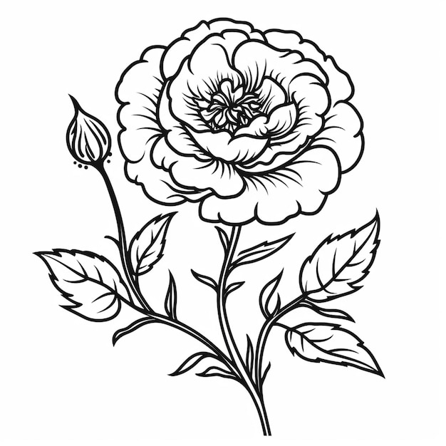 Foto een zwart-wit tekening van een roos met bladeren generatieve ai