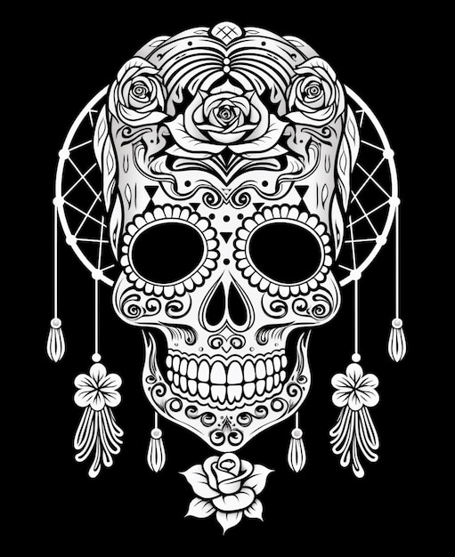 een zwart-wit tekening van een schedel met een bloem erop generatieve ai