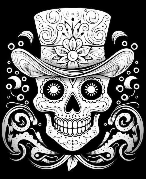 een zwart-wit tekening van een schedel met een hoge hoed generatieve ai