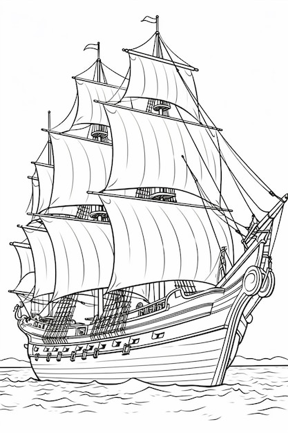 een zwart-wit tekening van een schip in de oceaan generatieve ai