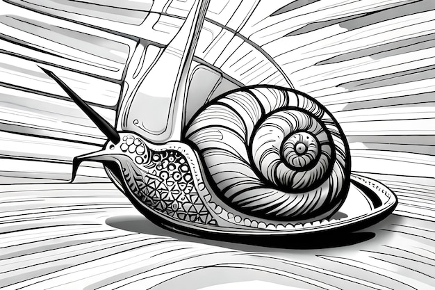 Een zwart-wit tekening van een slak met een zilveren schaal.