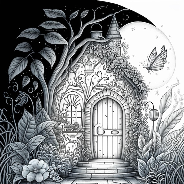 een zwart-wit tekening van een sprookjeshuis met een deur generatieve ai