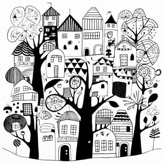 een zwart-wit tekening van een stad met bomen en huizen generatieve ai