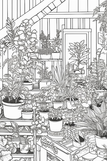 Een zwart-wit tekening van een tuin met generatieve ai potplanten