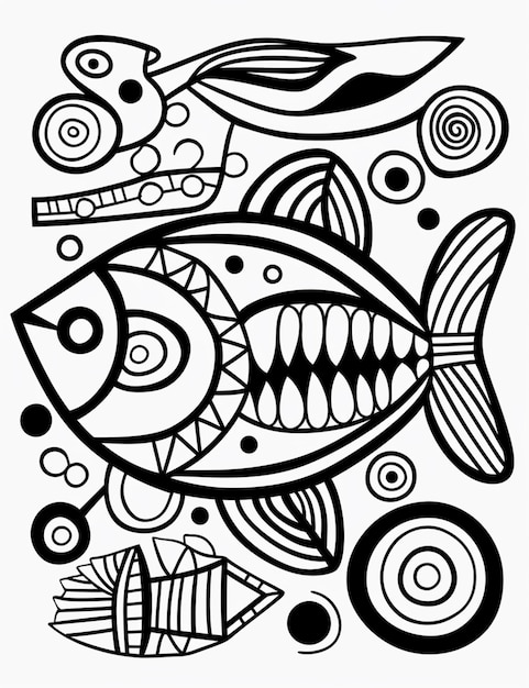 een zwart-wit tekening van een vis met veel vissen eromheen generatieve ai