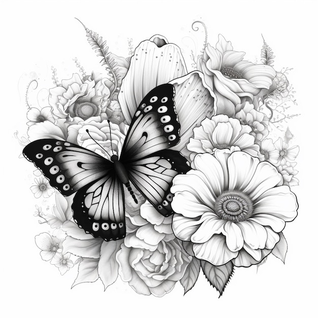 Een zwart-wit tekening van een vlinder en bloemen generatieve ai