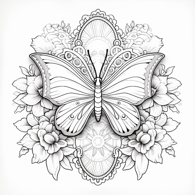een zwart-wit tekening van een vlinder met bloemen generatieve ai