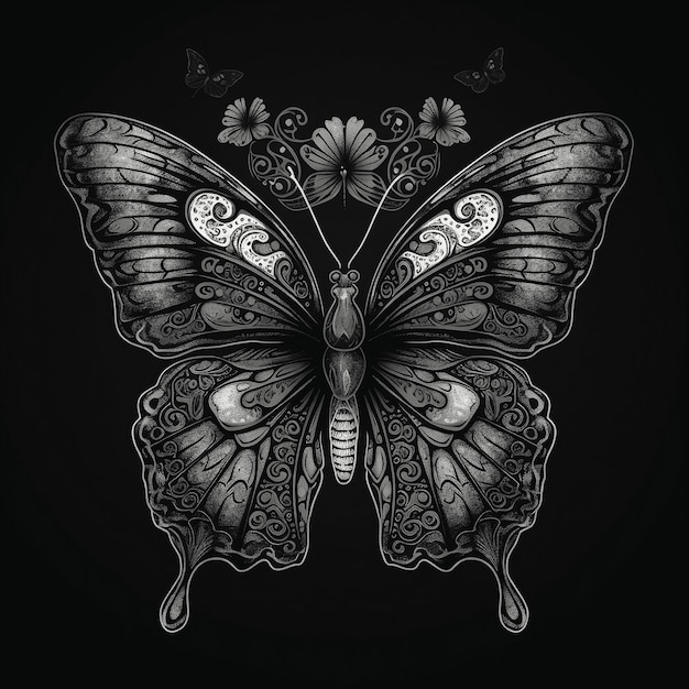 Een zwart-wit tekening van een vlinder met een bloem erop.