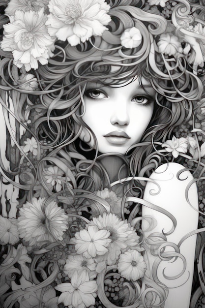 Een zwart-wit tekening van een vrouw met bloemen op haar hoofd