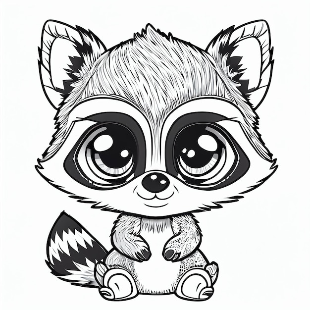 een zwart-wit tekening van een wasbeer met grote ogen generatieve ai