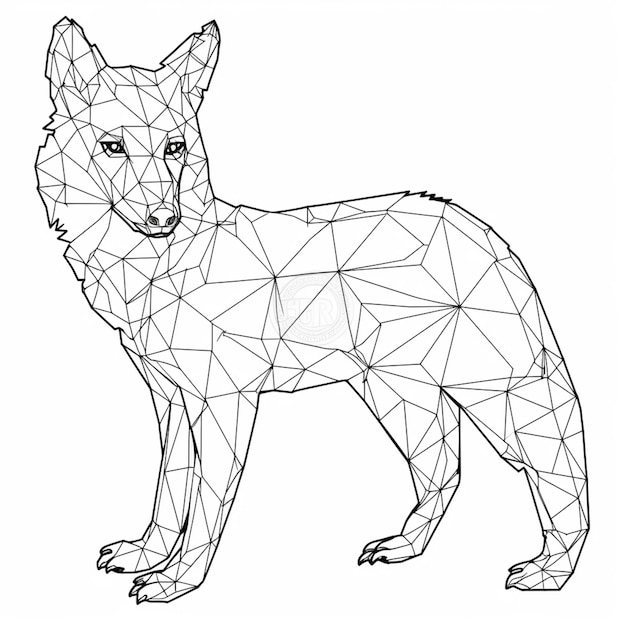een zwart-wit tekening van een wolf met geometrische lijnen generatieve ai