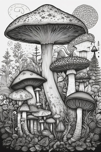 een zwart-wit tekening van paddenstoelen en planten generatieve ai
