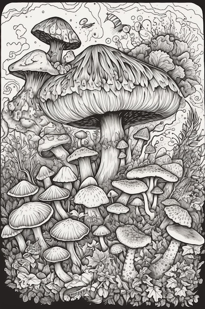 een zwart-wit tekening van paddenstoelen in een bos generatieve ai