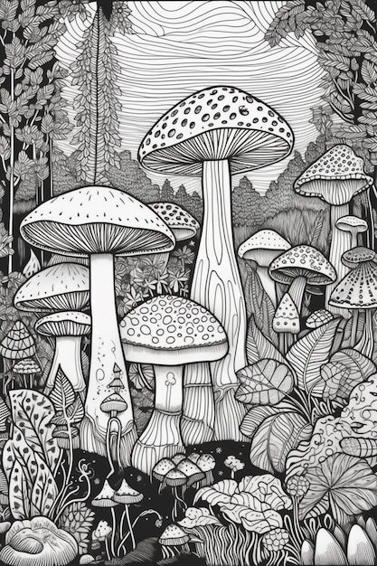 een zwart-wit tekening van paddenstoelen in een bos generatieve ai