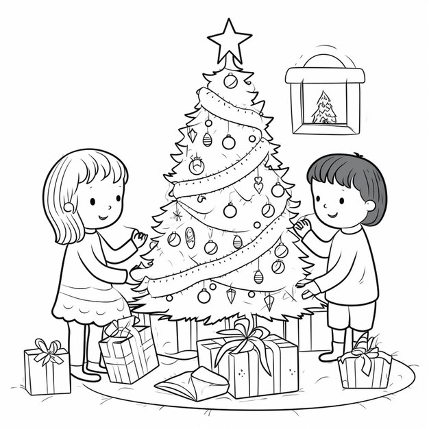 een zwart-wit tekening van twee kinderen die een kerstboom versieren generatieve ai