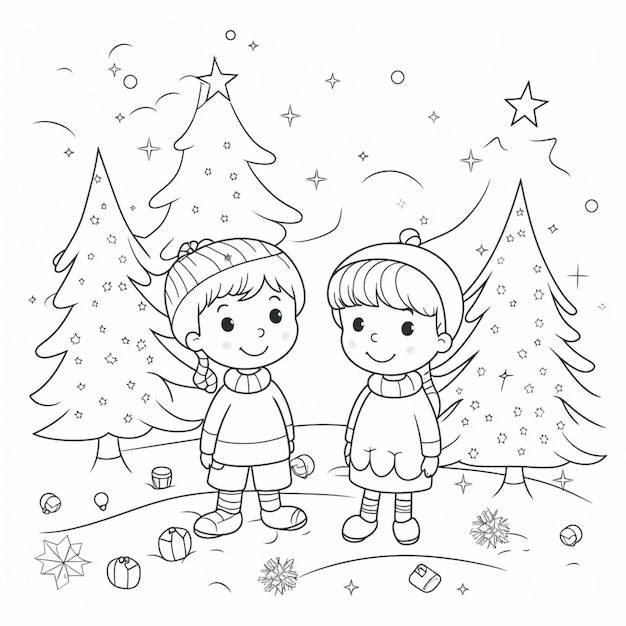 een zwart-wit tekening van twee kinderen die voor een kerstboom staan generatieve ai