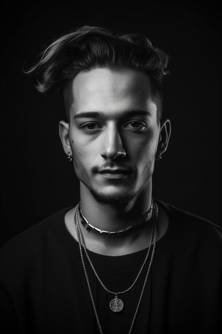 Foto een zwart-witfoto van een man met een halsketting, geïnspireerd op een kunstwerk