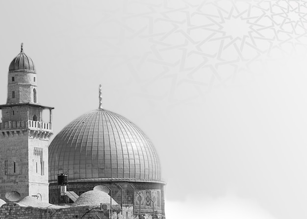 Een zwart-witfoto van een moskee met een koepel en een bord waarop het heilige land Ramadan Kareem staat