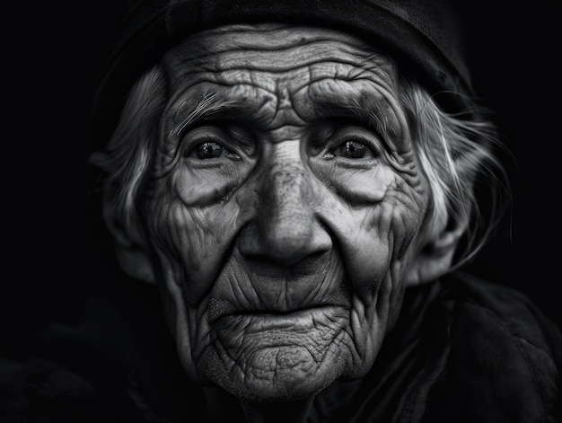 Een zwart-witfoto van een oude man Generatief AI-beeld