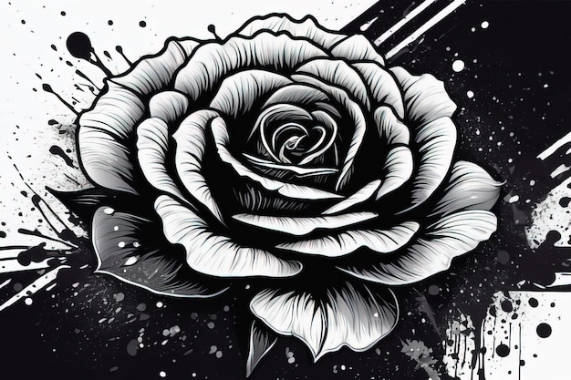 een zwart-witfoto van een roos met een zwarte achtergrond.