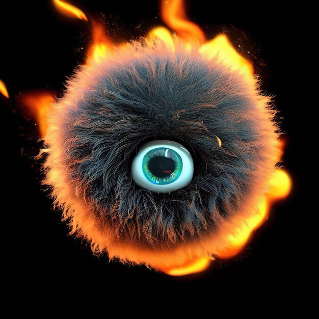 Een zwart-witte bal met een blauw oog staat in brand.