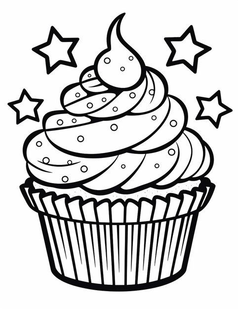 een zwart-witte cupcake met sterren bovenop generatieve ai